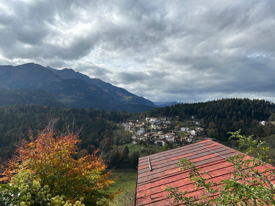 Blick auf Bergdorf mit Wald und Berglandschaft, bewölkter Himmel.