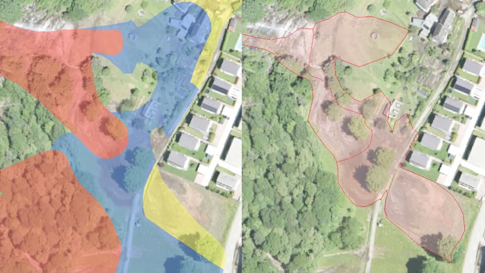 Luftbild mit verschiedenen farbigen Zonen und Strassen.