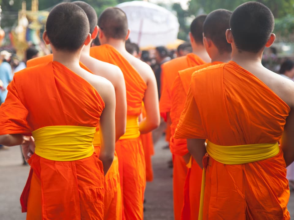 Buddhistische Mönche gehen nebeneinander,