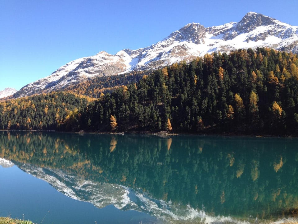 Bergsee mit schneebedeckten Bergen im Hintergrund.