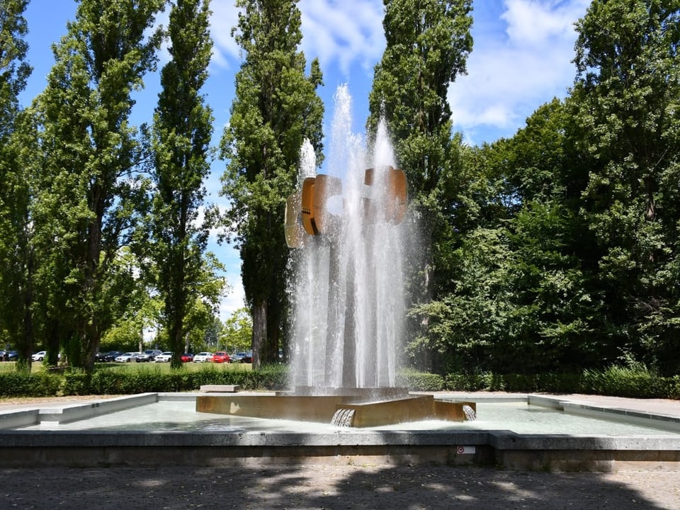 Brunnen mit sprühendem Wasser vor hohen Bäumen.