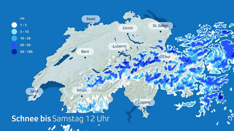 Blaue Farben indizieren Schneemengen bis am Samstag