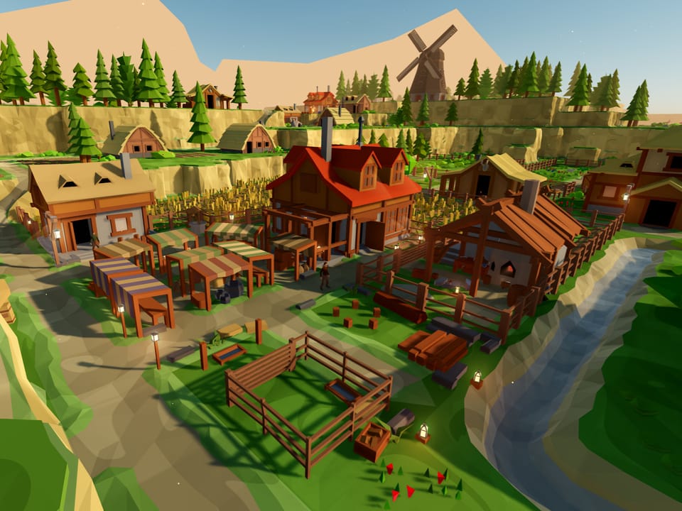 Szene aus dem Spiel: Mittelalterliches Dorf mit Marktplatz in grüner Landschaft, im Vordergrund ein Bach.