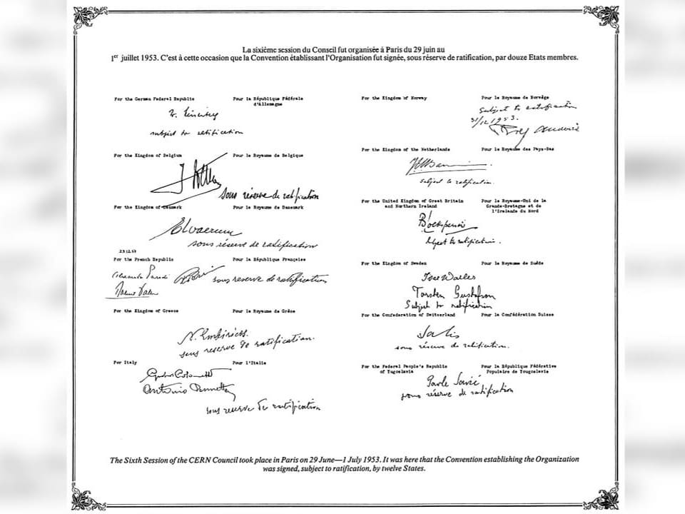 Unterschriebene Konventionsurkunde der sechsten Sitzung des CERN-Rates.