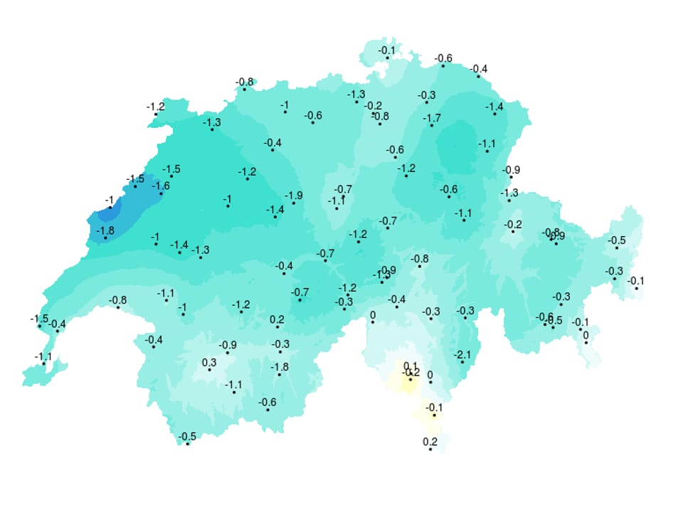 Eine Karte mit den Abweichungen in Grad Celsius.