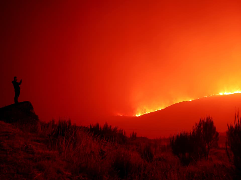 Person auf Hügel fotografiert Waldbrand bei Nacht.