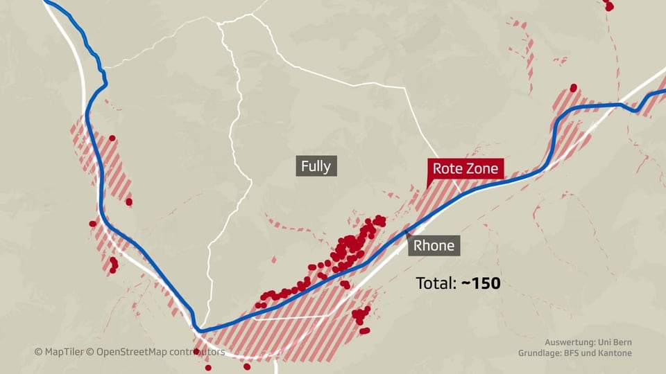 Karte der roten Zone bei Fully entlang der Rhone.