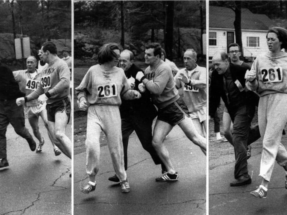 Die Läuferin Kathrine Switzer wird beim Boston-Marathon 1967 von Jock Semple, einem Rennleiter, angegriffen. 