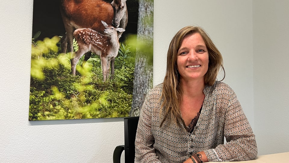 Eine Frau sitzt vor einem Poster mit zwei Hirschen