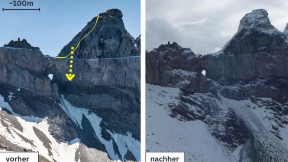 Berg mit Felsbogen vorher und nachher mit gelber Markierung.