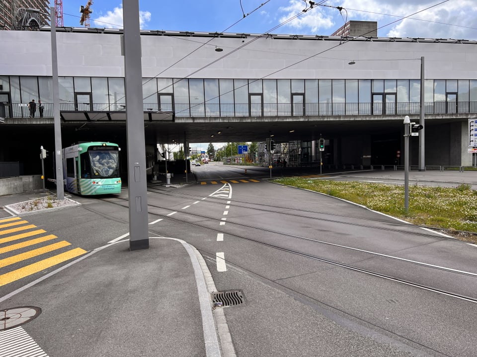 Eine Hauptstrasse und Tramgleise, die die Strasse kreuzen. 