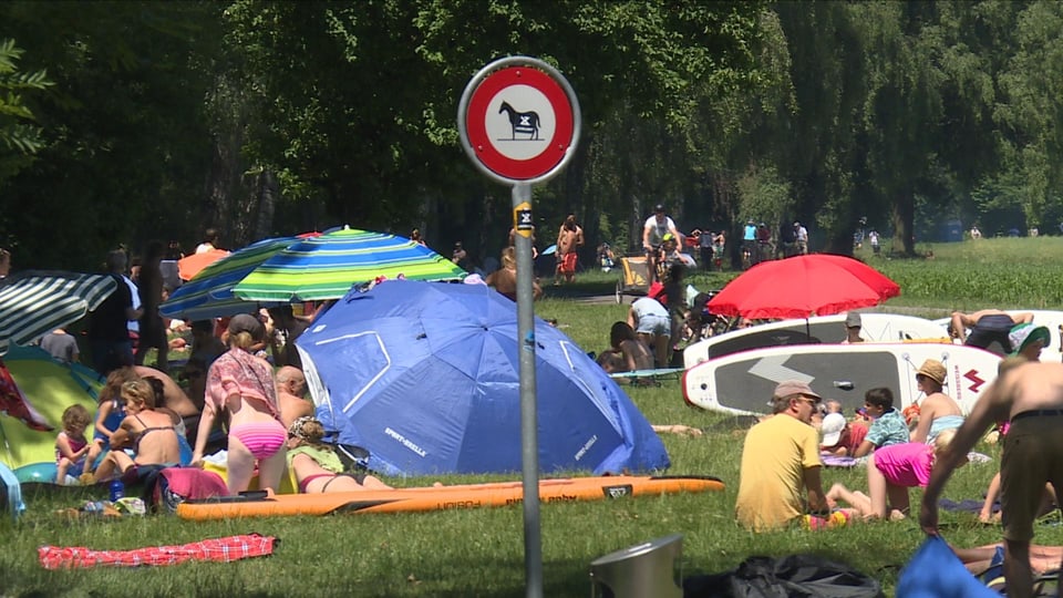 Menschen auf einer Wiese mit Sonnenschirmen in Badkleidern 