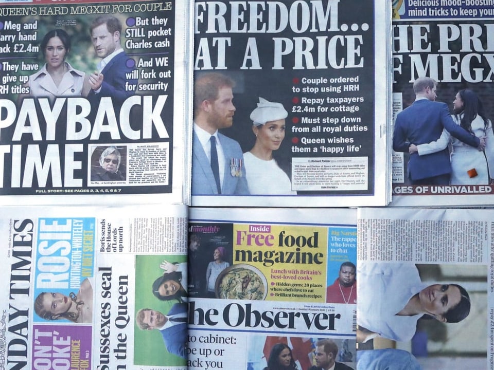 Schlagzeilen verschiedener Zeitungen aus Grossbritannien mit Harry und Meghan.