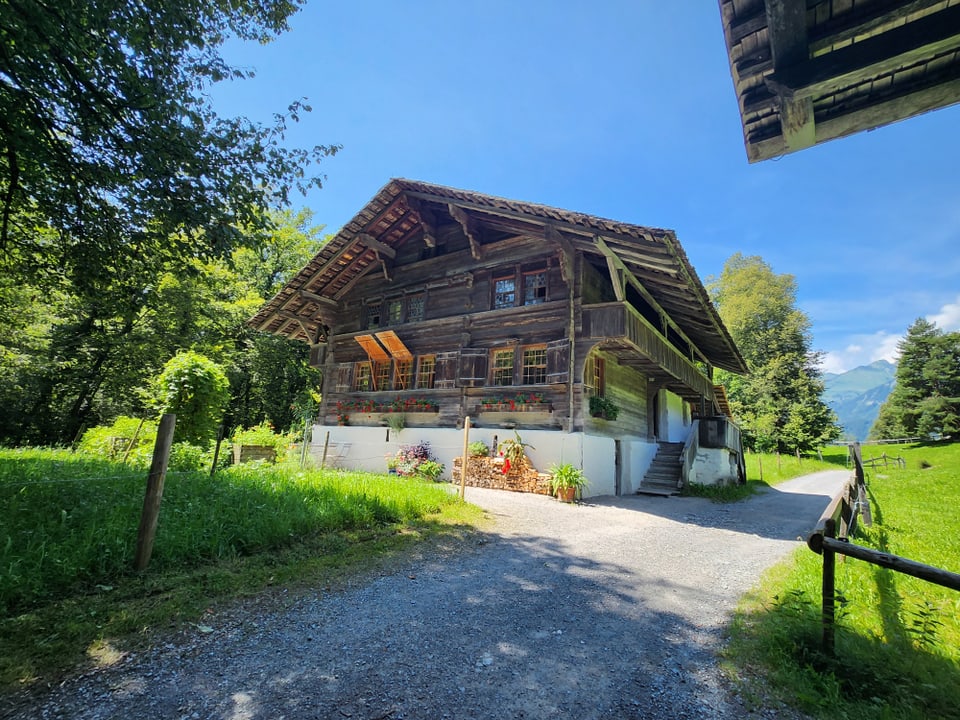 Altes Holzhaus in ländlicher Umgebung mit Bäumen und Gebirgshintergrund.