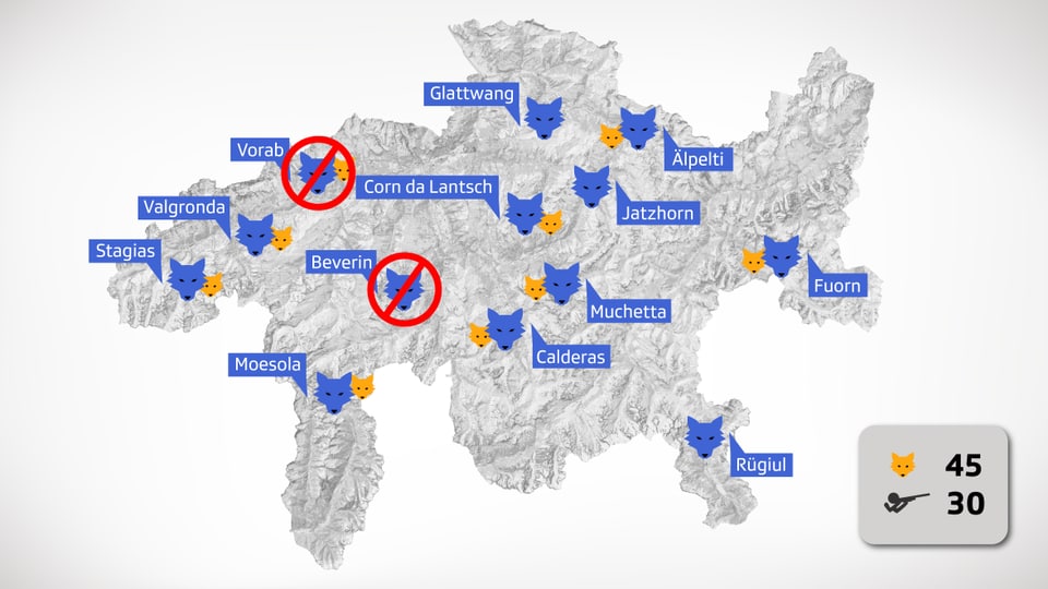 Karte der Wolfsrudel im Kanton Graubünden. Vorab und Beverin sind durchgestrichen.