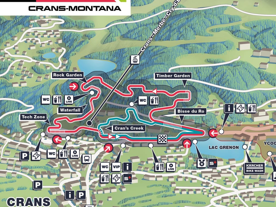 Karte des Crans-Montana Fahrradparks mit markierten Strecken und Einrichtungen.
