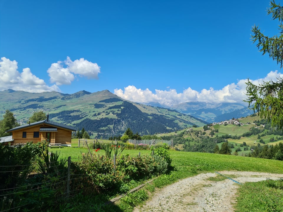 La vista da Signina a Riein e il Mundaun cun parts da la Lumnezia. 