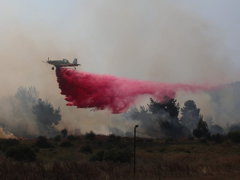 Löschflugzeug sprüht rotes Löschmittel über Waldbrand.