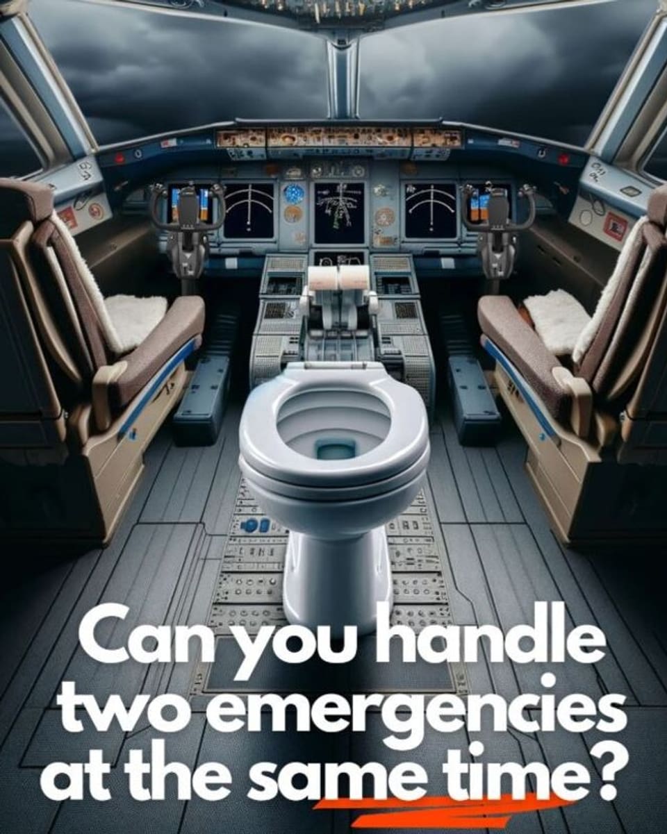 Toilette in einem Flugzeugcockpit mit Text 'Can you handle two emergencies at the same time?'