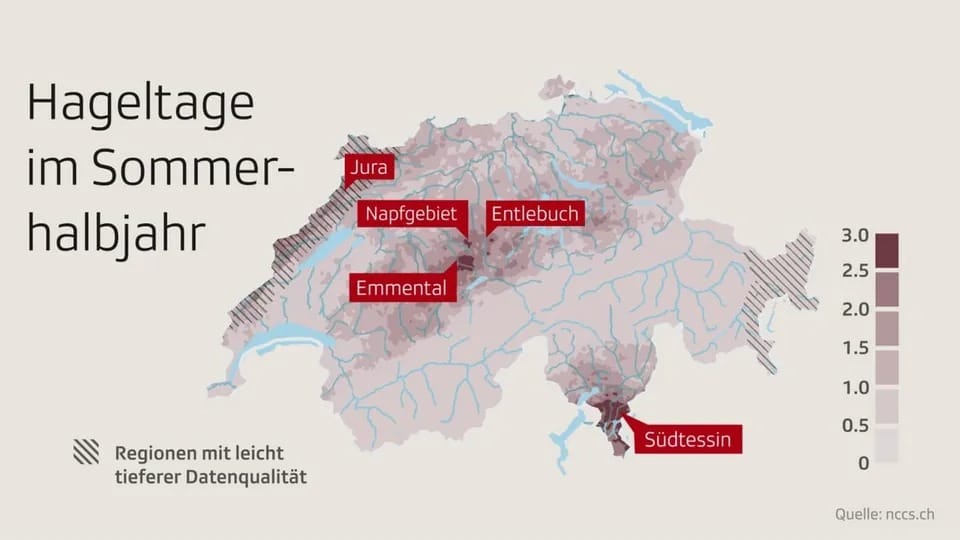 Eine Karte, die zeigt, wo in der Schweiz besonders häufig Hagel gemessen wird. 