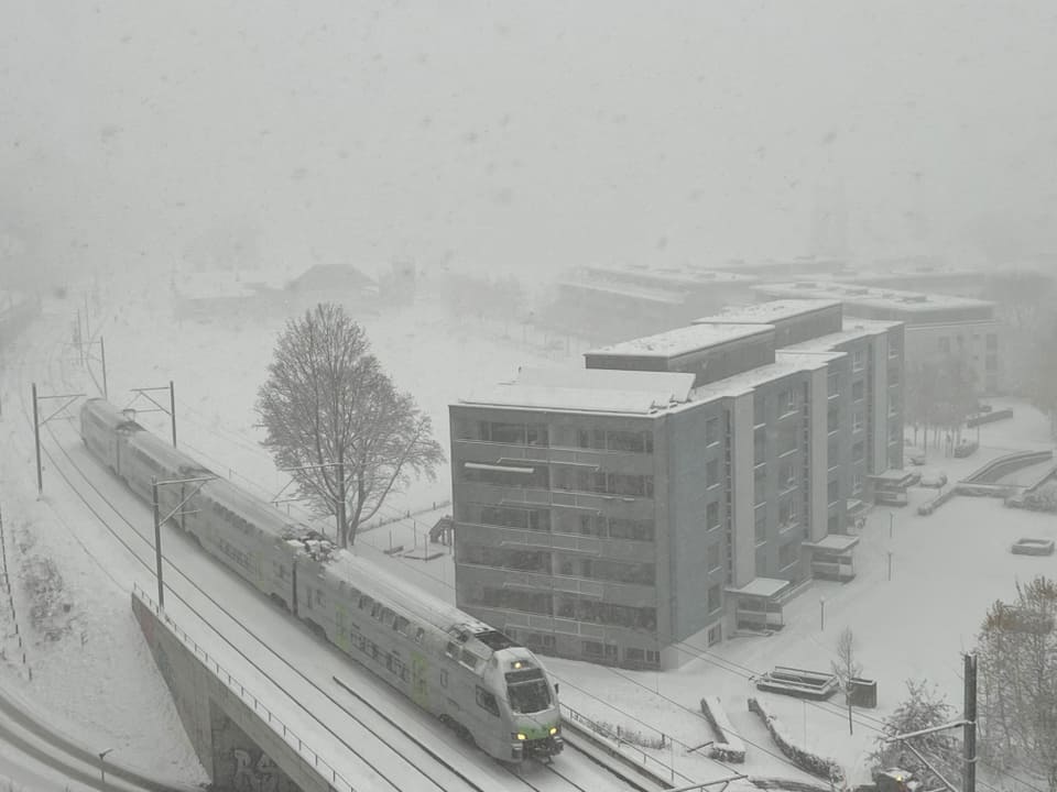 Es fährt ein Zug durch die frisch verschneite Region!