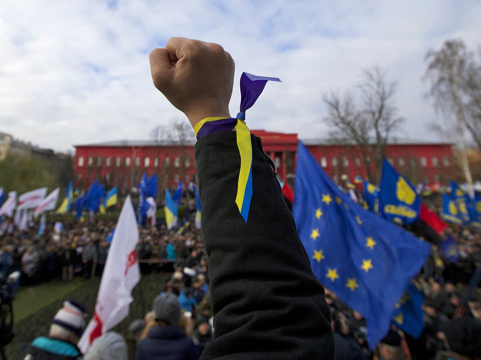 Mann reckt Faust in die Höhe. Dahinter EU-Fahnen.