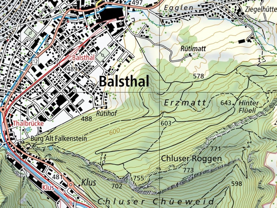 Kartenausschnitt der Region Erzmatt (Solothurn) – Balsthal