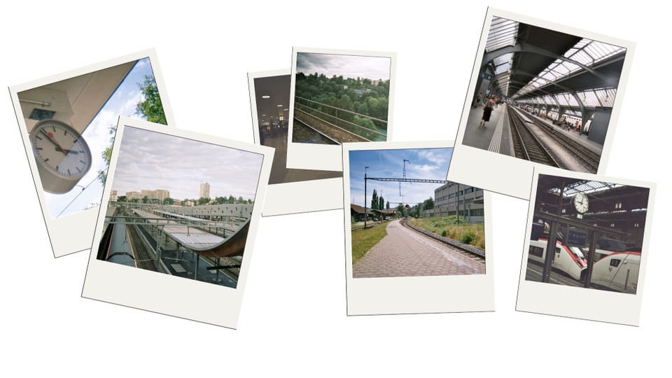 Polaroid-Fotos von Bahnszenen.