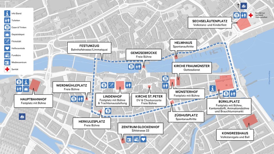 Die Karte zeigt die Zürcher Innenstadt mit den verschiedenen Festplätzen des Eidgenössischen Trachtenfests 2024.