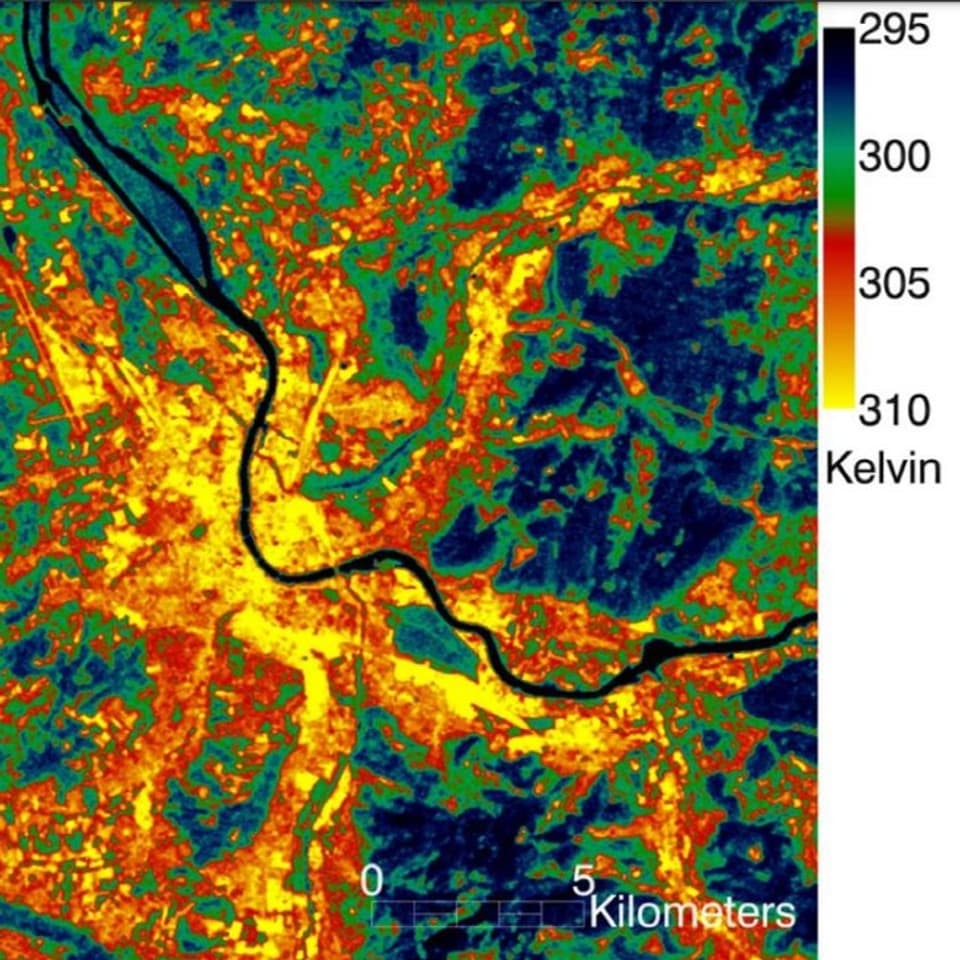 Basel aus Satellitenbild im Infrarotkanal. Gelb heiss, grünlich eher kühl.