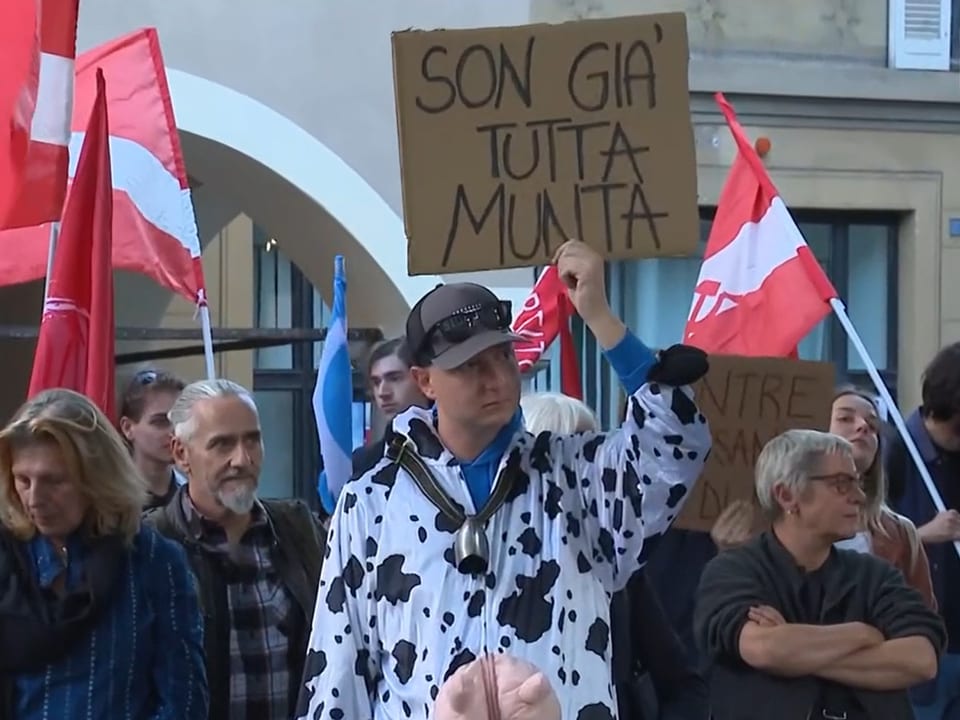 Demonstranten mit Plakaten und Fahnen in einer Menschenmenge.