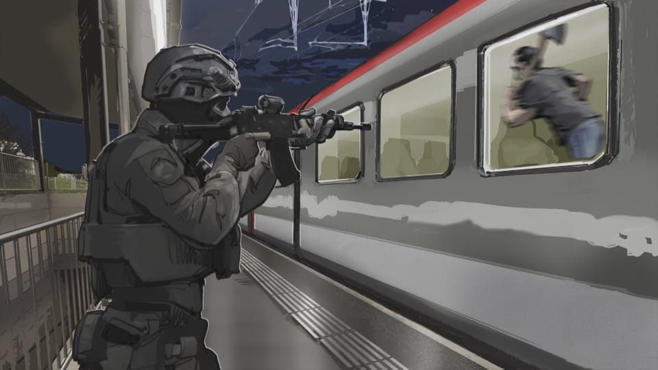 Eine Zeichnung, auf der ein Polizist zu sehen ist, der auf den Täter im Zug zielt. Dieser rennt durch den Wagon.