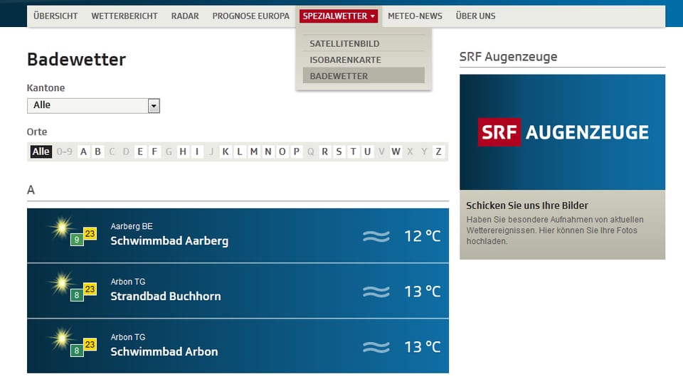 Ein Screenshot von srf.ch/meteo/badewetter