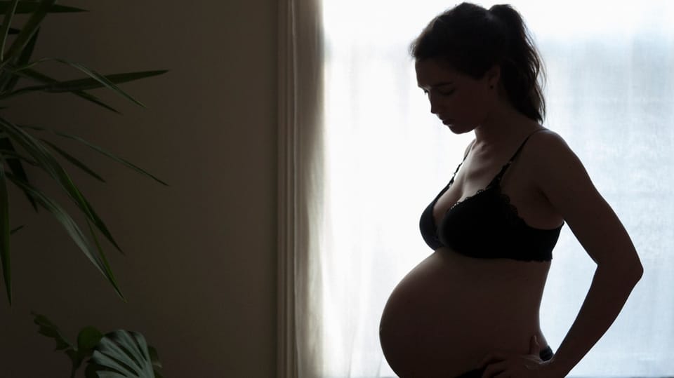 Schwangere Frau steht vor dem Fenster