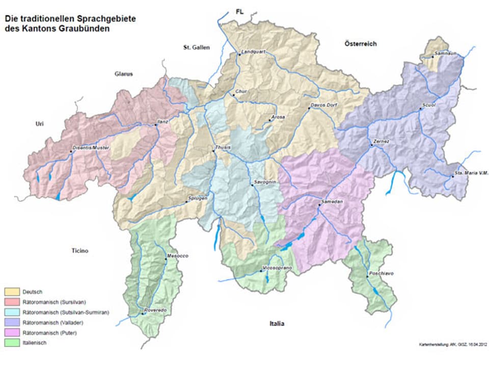 Die traditionellen Sprachgebiete des Kantons Graubünden.