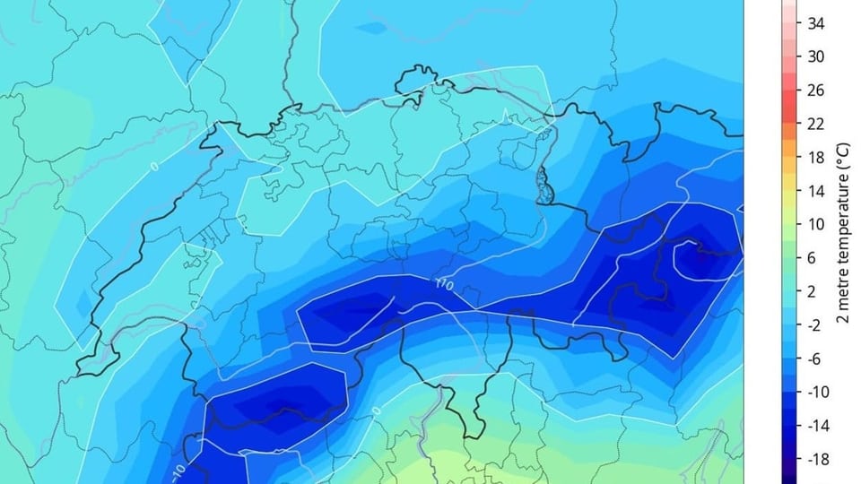 Eine Karte der Temperaturprognose für die Schweiz