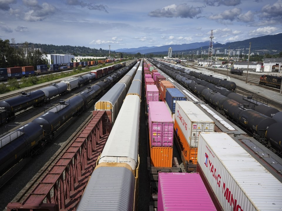 Grosser Frachtbahnhof mit bunten Containern und Kesselwagen.